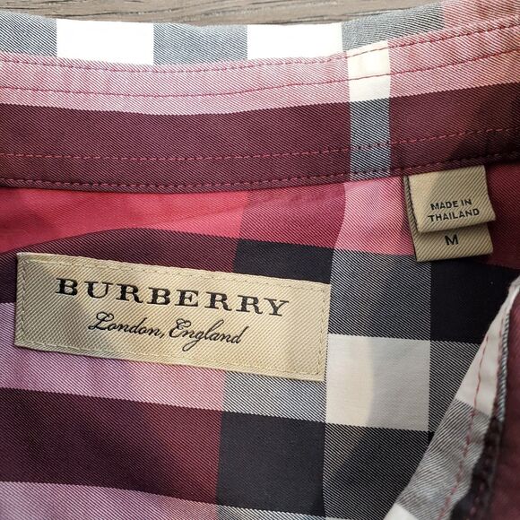 Burberry London Red Check Stretch Button Down Longsleeve Shirt M Cotton Luxury - Picture 10 of 12